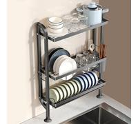 Scolapiatti a 3 ripiani in acciaio al carbonio nero con piedini a ventosa e vaschetta di scarico, perfetto per appartamenti, dormitori e camper (47 x 10,5 x 66,5 cm)