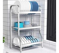 Scolapiatti a 3 ripiani in acciaio inox con vassoio antigoccia, 42 x 27 x 60 cm, scolapiatti argento per piano di lavoro della cucina, supporto salvaspazio