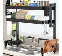 Scolapiatti a 3 ripiani in acciaio inox da lavello dal design compatto con coperchio, si adatta alla maggior parte dei lavelli, organizer da cucina nero per piatti e utensili.