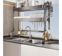 Scolapiatti a doppio livello di grande capacità, regolabile sopra il lavello, salvaspazio, grigio canna di fucile, 65 cm, organizer da cucina per un'asciugatura efficiente e il massimo utilizzo dello