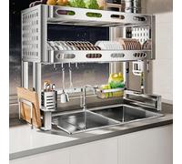 Scolapiatti a doppio strato per lavello da cucina, 67-97 cm, regolabile, in acciaio inox 304, con ganci, scolapiatti salvaspazio per piatti e utensili, set completo, 97 cm
