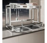 Scolapiatti a doppio strato per lavello da cucina, in acciaio inox 304, 67-97 cm con gancio, set completo, soluzione durevole e pratica per asciugare i piatti