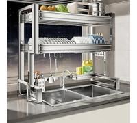 Scolapiatti a doppio strato per lavello da cucina, in acciaio inox 304, 67-97 cm con gancio, set completo, soluzione durevole e pratica per asciugare i piatti