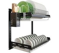 Scolapiatti a parete, portaoggetti sospeso sopra il lavello, 2 ripiani, portaciotole con vassoio raccogligocce, posate, acciaio inossidabile, rivestito