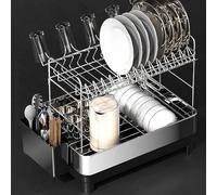 Scolapiatti Acciaio Inox da Appoggio con Scarico Retrattile e Girevole Scolaposate con Porta-bacchette Porta Piatti da Appoggio per Piani di Lavoro Della Cucina(Gray,41.8 * 31.6 * 41.7cm)