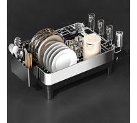Scolapiatti Acciaio Inox da Appoggio con Scarico Retrattile e Girevole Scolaposate con Porta-bacchette Porta Piatti da Appoggio per Piani di Lavoro Della Cucina(Gray,41.8 * 31.6 * 13.8cm)