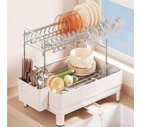 Scolapiatti Acciaio Inox da Appoggio con Scarico Retrattile e Girevole Scolaposate con Porta-bacchette Porta Piatti da Appoggio per Piani di Lavoro Della Cucina(White,41.8 * 31.6 * 41.7cm)