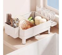 Scolapiatti Acciaio Inox da Appoggio con Scarico Retrattile e Girevole Scolaposate con Porta-bacchette Porta Piatti da Appoggio per Piani di Lavoro Della Cucina(White,41.8 * 31.6 * 13.8cm)