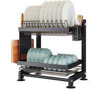 Scolapiatti ad altezza regolabile, grande stendino a 2 livelli, con scarichi, for organizer for lavello da cucina, portautensili e taglio in 1