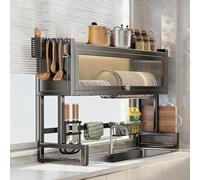 Scolapiatti antipolvere per uso sopra il lavello, salvaspazio con coperchio, porta utensili da cucina multifunzione per piatti, bicchieri, ciotole e posate (corto, nero, 55 cm)