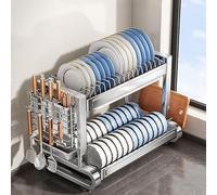 Scolapiatti Bianco, Colapiatti 2 Ripiani, In Acciaio Inox, Compatto, Da Appoggio Per Lavello, Con Vassoio Gocciolatoio, Posate, Portabicchieri(43cmx37cm33.5cm)