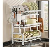 Scolapiatti compatto, scolapiatti da cucina con set di sgocciolatoio, antiruggine, con portautensili, design a 3 strati per un'asciugatura efficiente