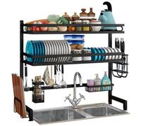 Scolapiatti con cestello sospeso, scolapiatti a 2 Livelli in Acciaio Inox da posizionare sopra Il lavello per Piatti, Bicchieri, Ciotole e Posate, Grande Organizer per lavello da Cucina e RI