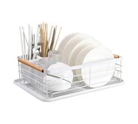 Scolapiatti con vassoio antigoccia, scolapiatti, scolapiatti in ferro, organizer da cucina con manici in legno per lavello della cucina (bianco)