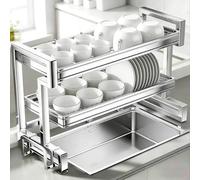 Scolapiatti da 66 cm, in acciaio inox, a 2 ripiani, grande capacità, con porta coltelli e ganci, organizer salvaspazio da cucina