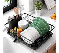 Scolapiatti da appoggio a 1 Livelli, scolapiatti con Portabicchieri e Portautensili per il piano di lavoro della cucina(Nero)