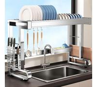 Scolapiatti da Appoggio a 2 Ripiani, Scolapiatti Lavandino in Acciaio Inox, con Vassoio di Scarico e portaposate, per Piatti, Ciotole e lavelli,Single Layer,L86cm/33.9in
