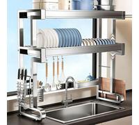 Scolapiatti da Appoggio a 2 Ripiani, Scolapiatti Lavandino in Acciaio Inox, con Vassoio di Scarico e portaposate, per Piatti, Ciotole e lavelli,Ddouble Layer,L86cm/33.9in