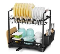 Scolapiatti da Appoggio con Vassoio Raccogligocce, Scolapiatti Di Grande Capacità con Porta Bicchieri, Utensili E Taglieri, Scolapiatti da Lavello per Ripiani Della Cucina