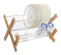 Scolapiatti da Appoggio in Acciaio e Bambù 38x33x26 cm - Asciugapiatti da Cucina Pieghevole a 2 Ripiani con Struttura in Legno, Scolapiatti Salvaspazio per Piatti e Bicchieri