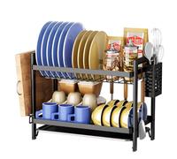 Scolapiatti da Appoggio, Scolapiatti da Appoggio a 2 Ripiani Cesto portaoggetti con Vassoio Raccogligocce e Porta Utensili, Scolapiatti Multifunzionale per Lavello per Piano di Lavoro Scolapiatti