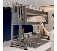 Scolapiatti da Appoggio Sopra Lavello - Mobiletto Cucina con Coperchio in Acrilico, Organizer Salvaspazio in Acciaio al Carbonio, Scaffale Multifunzionale con Porta Posate e Ganci(105*30*80cm)