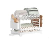 Scolapiatti da cucina a 2 ripiani con gabbia per bacchette, salvaspazio, organizer da cucina, per stoviglie, bianco