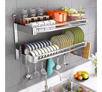 Scolapiatti da cucina a 2 ripiani, organizer per scolapiatti da appendere a parete con vassoio di scarico e portaposate, ripiano di stoccaggio regolabile in acciaio inossidabile per area lavello