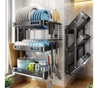 Scolapiatti da Cucina A Parete in Acciaio Inox Scolapiatti con Bacinella di Raccolta, Scolapiatti Pieghevole in Acciaio Inox, Stendipiatti A 3 Livelli, Scaffale da Cucina, Scolapiatti da, Noir