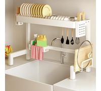 Scolapiatti da cucina in acciaio inox regolabile in altezza da sopra il lavello, grande capacità, scolapiatti e portautensili multifunzione (bianco, 87 cm)