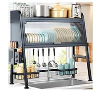 Scolapiatti da cucina in acciaio nizerSoluzione di stoccaggio da banco sopra il lavello, ripiano di drenaggio durevole per un efficiente risparmio di spazio e un facile accesso ai piatti., Nero, 66 c