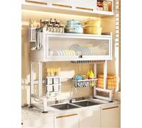 Scolapiatti da lavello a 3 livelli con coperchio, ripiano in metallo per scolapiatti da cucina in ordine (bianco, 65 cm), design salvaspazio per una facile asciugatura dei piatti