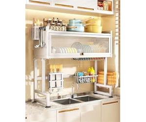 Scolapiatti da lavello a 3 livelli con coperchio, ripiano in metallo per scolapiatti da cucina in ordine (bianco, 65 cm), design salvaspazio per una facile asciugatura dei piatti