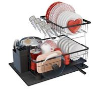 Scolapiatti da Lavello - Scolapiatti da Appoggio per Lavello con Tappetino Scolapiatti Assorbente - Griglia Scolapiatti con Scarico Automatico nel Lavello - Montaggio Senza Attrezzi (2 Livelli)