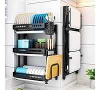 Scolapiatti da lavello Scolapiatti pieghevole a 3 livelli in acciaio inox da parete con vaschetta di raccolta, nero