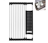 Scolapiatti da Lavello, Scolapiatti Pieghevole in Acciaio Inox, Scolapiatti da Appoggio, Sgocciolatoio Lavandino Cucina con Scomparto per Bacchette Posate Compatto e Arrotolabile Nero 37x28 cm