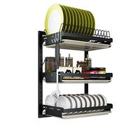 Scolapiatti da parete a 3 ripiani in acciaio inox nero con vassoio di scarico, 41 x 27 x 55 cm, organizer da cucina salvaspazio per piatti e utensili puliti.