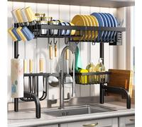 SAYZH Scolapiatti sopra il lavello, 2 ripiani regolabili (da 25,5 a 85,1 cm), scolapiatti con porta spugna per utensili per organizzare il bancone della cucina, nero
