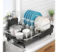 Scolapiatti espandibile per bancone della cucina, scolapiatti in acciaio inox con set di scolapiatti e portautensili (nero)