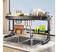 Scolapiatti estensibile sopra il lavello della cucina, salvaspazio | Scolapiatti in acciaio inox sopra il lavello, adatto per piatti, bicchieri e ciotole(Single-layer,Black)