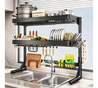 Scolapiatti estensibile sopra il lavello della cucina, salvaspazio | Scolapiatti in acciaio inox sopra il lavello, adatto per piatti, bicchieri e ciotole(Double-layer,Black)