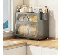 Scolapiatti grande capacità con coperchio e vassoio dell'acqua, scolapiatti antipolvere per il lavello della cucina, per il piano di lavoro della cucina (colore grigio, a tre livelli, 42 cm)