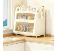 Scolapiatti grande capacità con coperchio e vassoio dell'acqua, scolapiatti antipolvere per il lavello della cucina, per il piano di lavoro della cucina (bianco, a tre livelli, 42 cm)