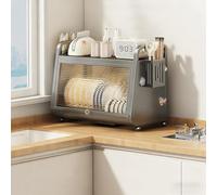 Scolapiatti grande capacità con coperchio e vassoio dell'acqua, scolapiatti antipolvere per lavello della cucina, piano di lavoro della cucina (grigio, doppio strato, 42 cm)