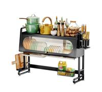 Scolapiatti grande sopra il lavello, 2 ripiani, in acciaio al carbonio, con portaposate e porta armadietto, organizer per piatti/utensili per bancone della cucina, scolapiatti