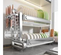 Scolapiatti in acciaio inossidabile 304,scolapiatti da cucina,multifunzionale per la casa,Doppio multifunzione a tre ripiani per riporre scolare le(Stainless steel 43cm/16.9in,Double layer)