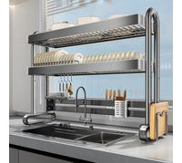 Scolapiatti in acciaio inossidabile, scaffale multifunzionale compatto per | Scolapiatti multifunzione in acciaio inox per una facile asciugatura e organizzazione nel lavello della cucina