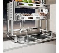 Scolapiatti in Acciaio Inox a Doppio Strato, Organizer per lavello da Cucina con Gancio, Regolabile da 67 a 97 cm.