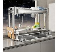 Scolapiatti in Acciaio Inox a Doppio Strato, Organizer per lavello da Cucina con Gancio, Regolabile da 67 a 97 cm.