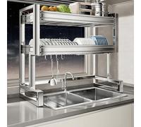 Scolapiatti in Acciaio Inox a Doppio Strato, Organizer per lavello da Cucina con Gancio, Regolabile da 67 a 97 cm.